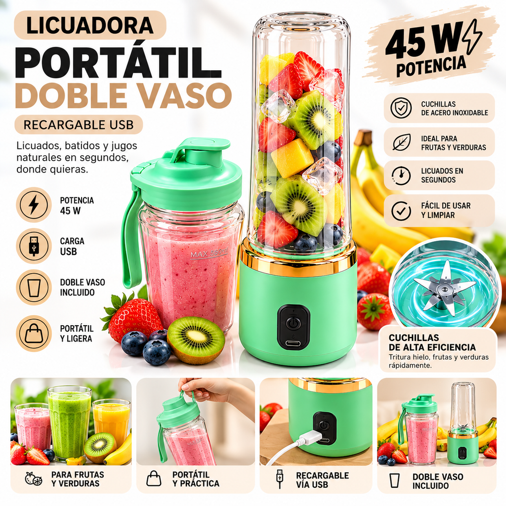 LICUADORA PORTÁTIL DOBLE VASO