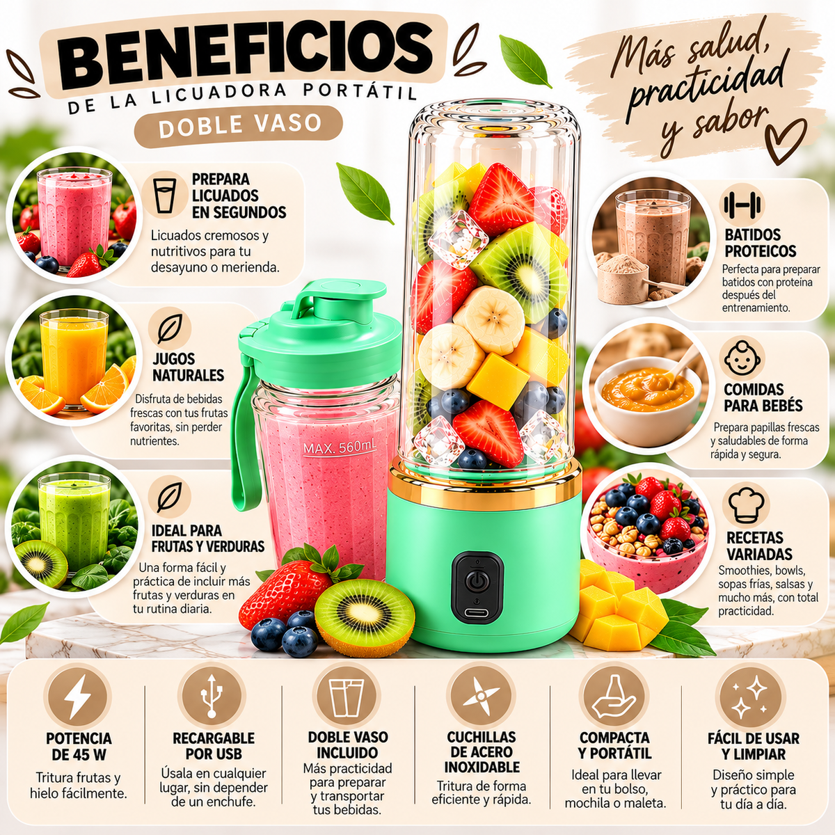 LICUADORA PORTÁTIL DOBLE VASO
