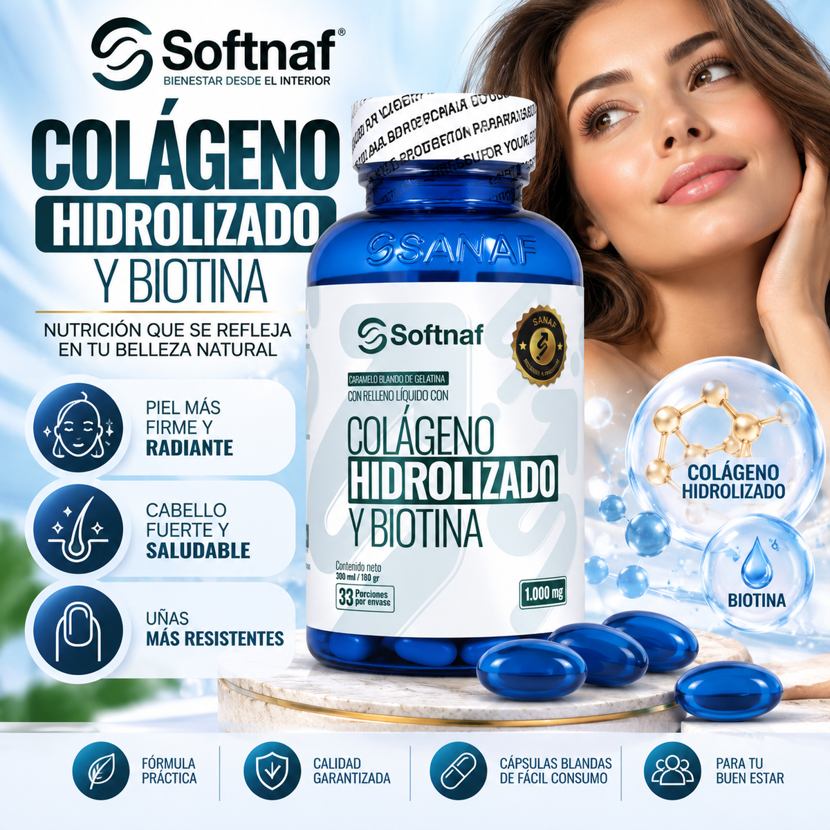 SANAF Softnaf Colágeno Hidrolizado + Biotina 1.000 mg – Fórmula para tu Rutina de Belleza