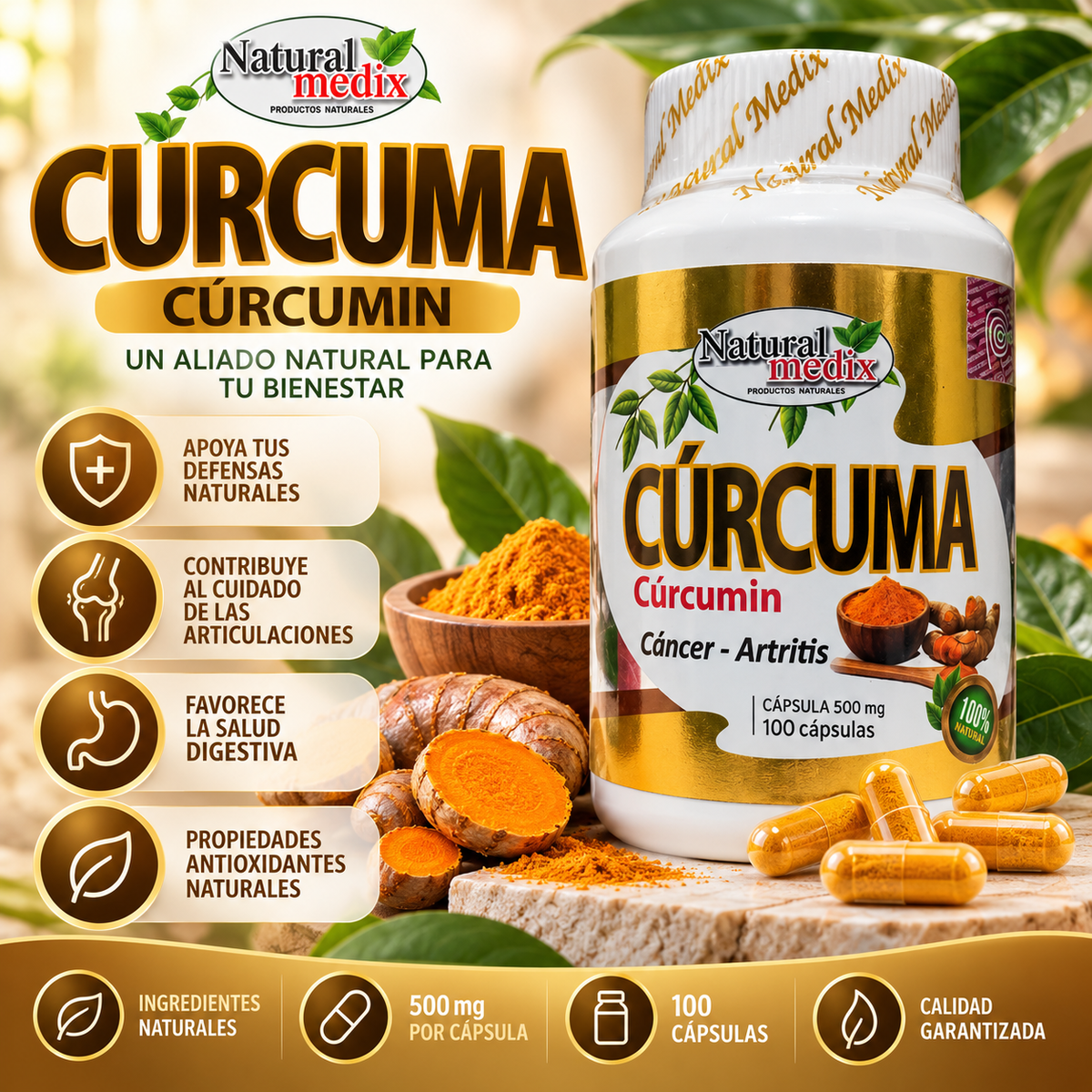 Natural Medix Cúrcuma + Cúrcumina 500 mg – 100 Cápsulas