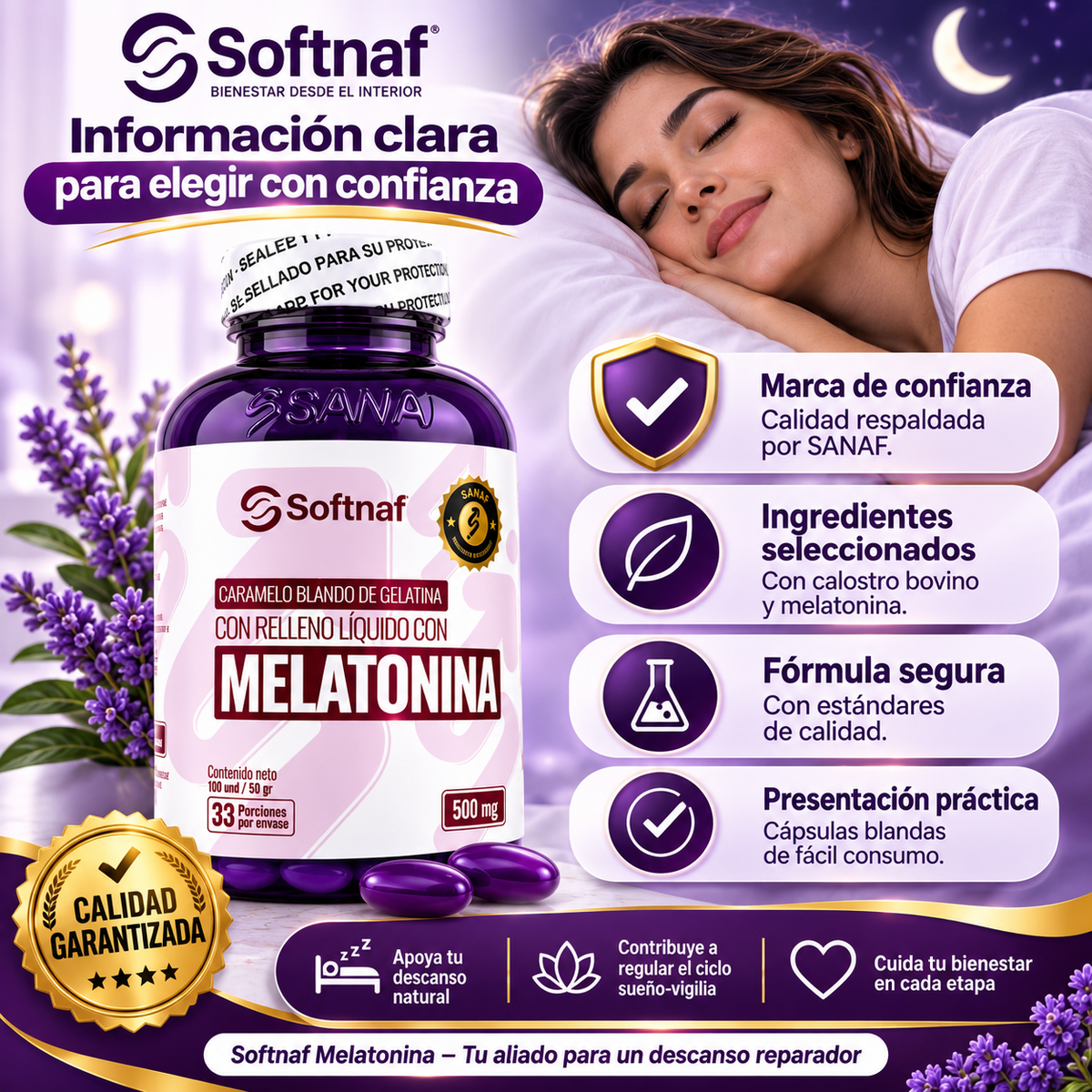 SANAF Softnaf Melatonina 500 mg – Suplemento para tu Rutina Nocturna, 33 Porciones