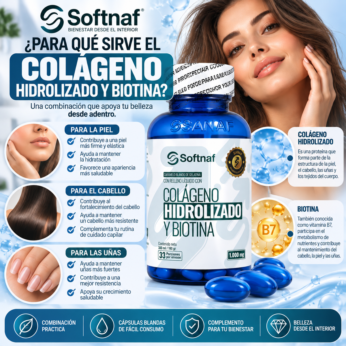 SANAF Softnaf Colágeno Hidrolizado + Biotina 1.000 mg – Fórmula para tu Rutina de Belleza