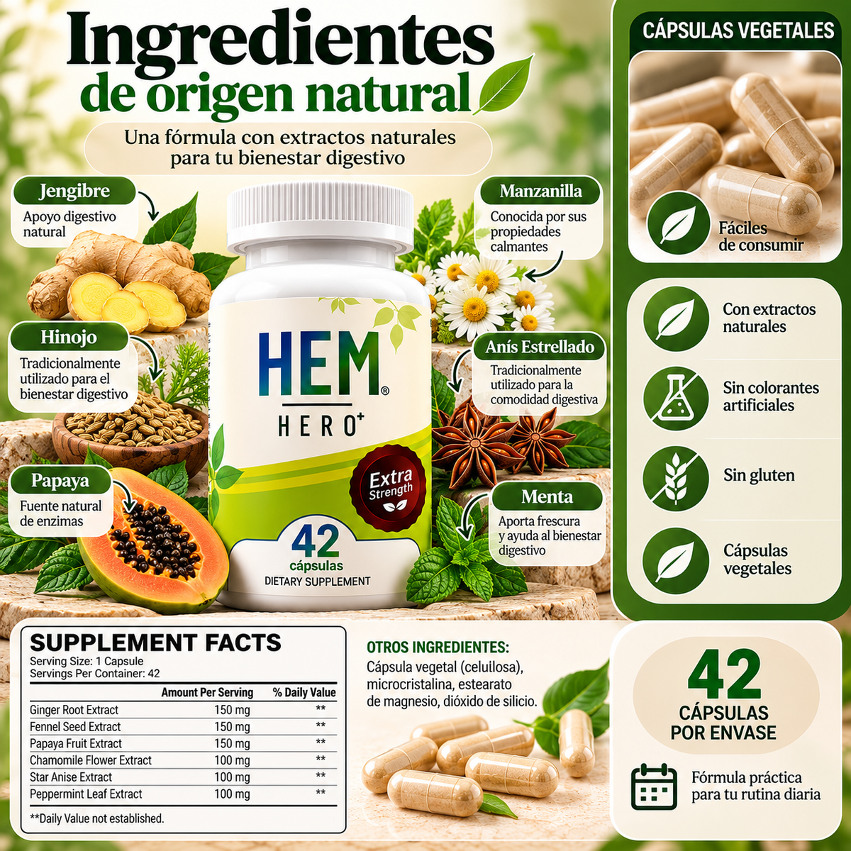 HEM HERO+ Extra Strength – Suplemento de Apoyo Digestivo con 42 Cápsulas