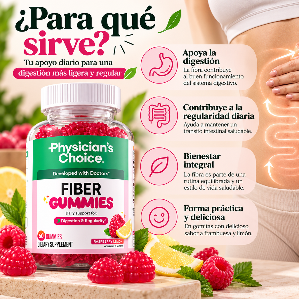Physician’s Choice Fiber Gummies – Gomitas de Fibra con Sabor a Frambuesa y Limón, 60 Unidades