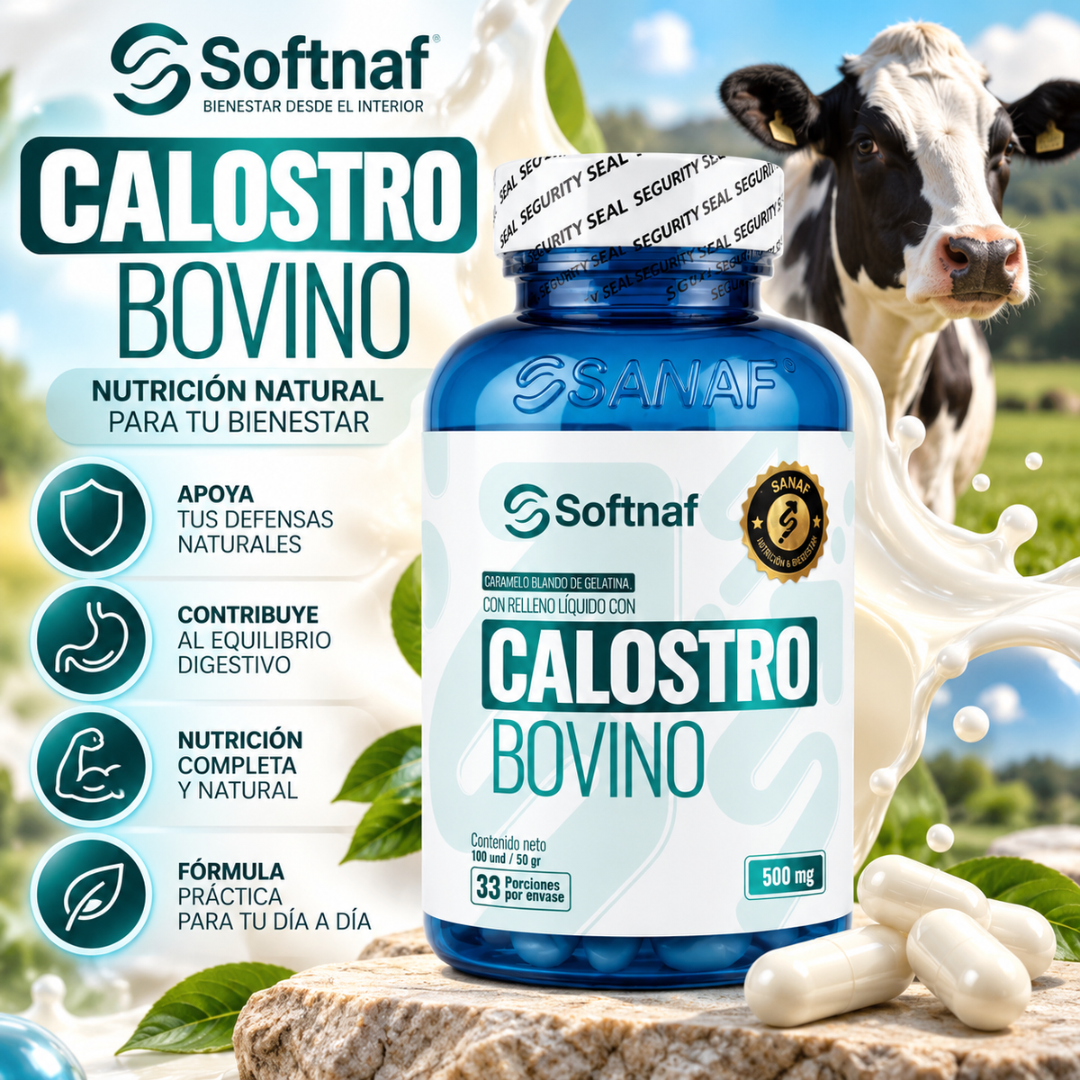 SANAF Softnaf Calostro Bovino 500 mg – Suplemento de Origen Bovino, 33 Porciones
