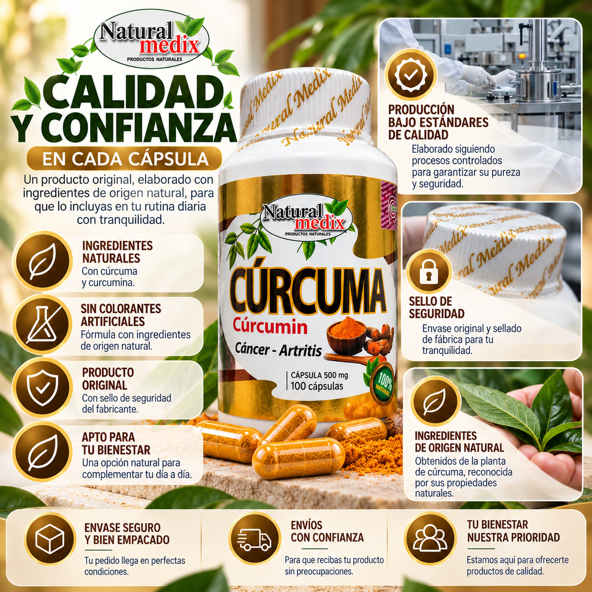 Natural Medix Cúrcuma + Cúrcumina 500 mg – 100 Cápsulas