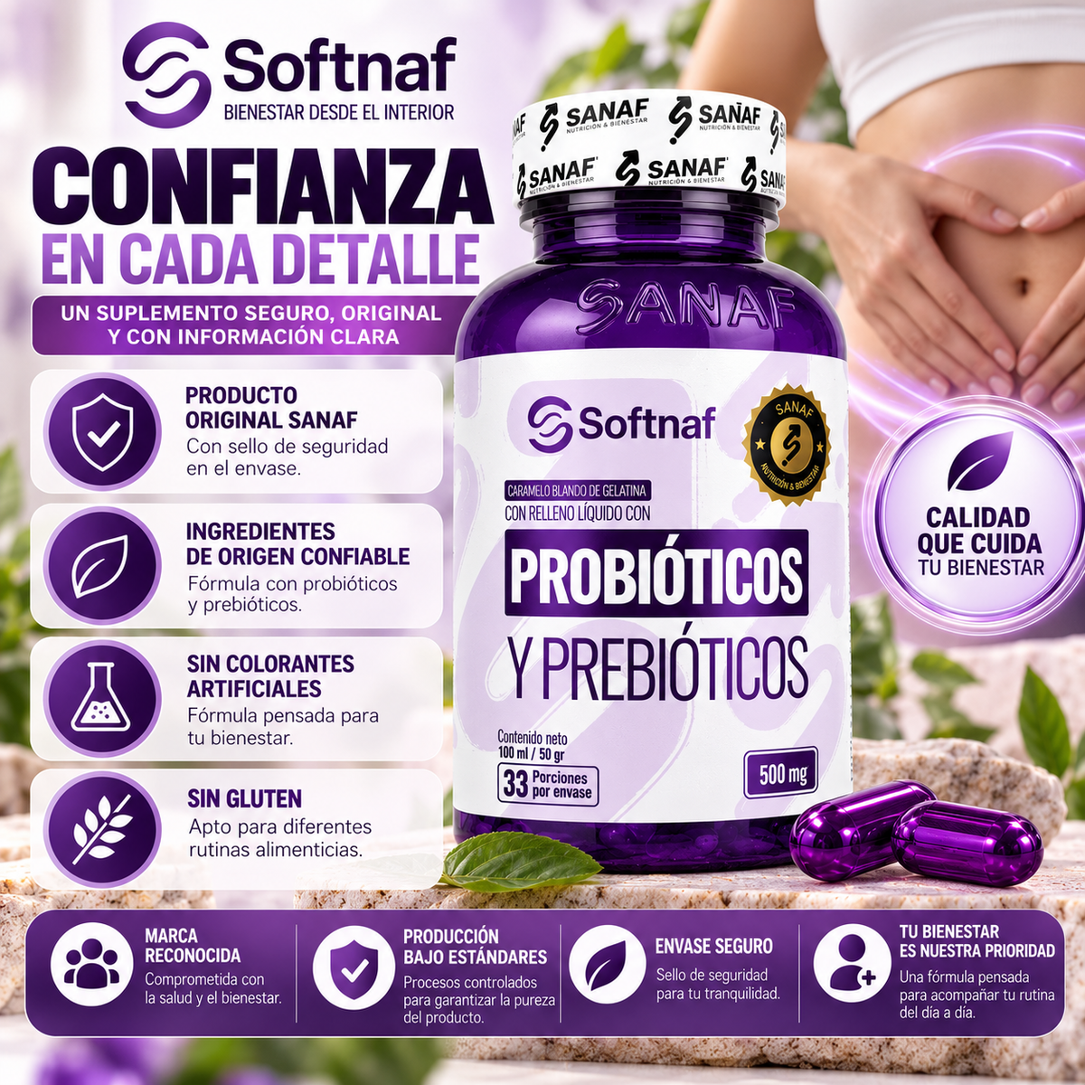 SANAF Softnaf Probióticos y Prebióticos 500 mg – Suplemento Digestivo, 33 Porciones