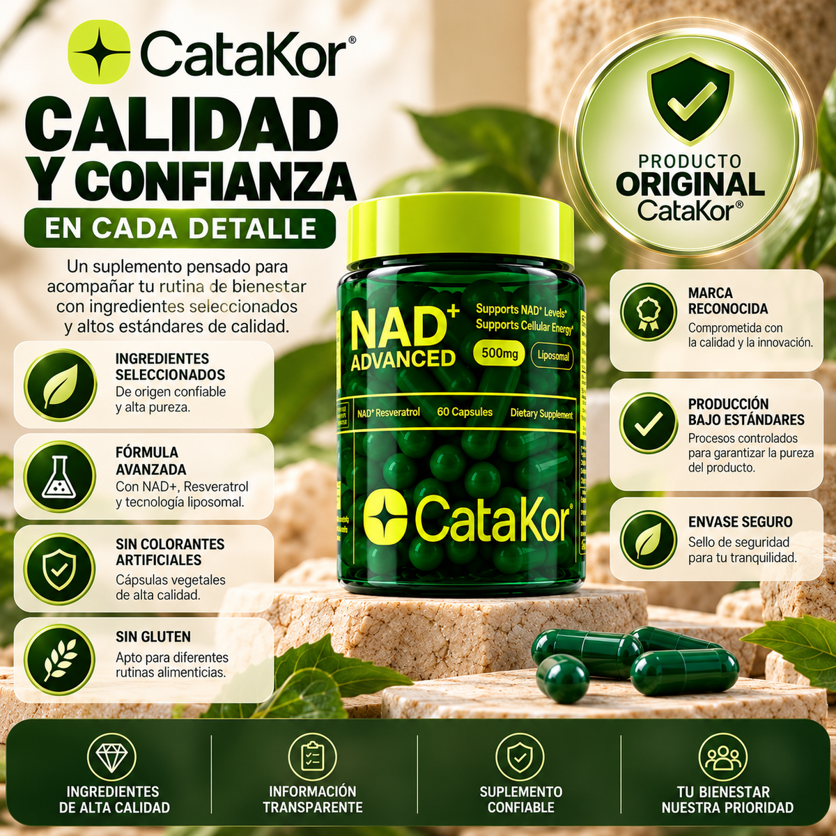 CataKor NAD+ Advanced 500 mg – Suplemento Liposomal con Resveratrol, 60 Cápsulas
