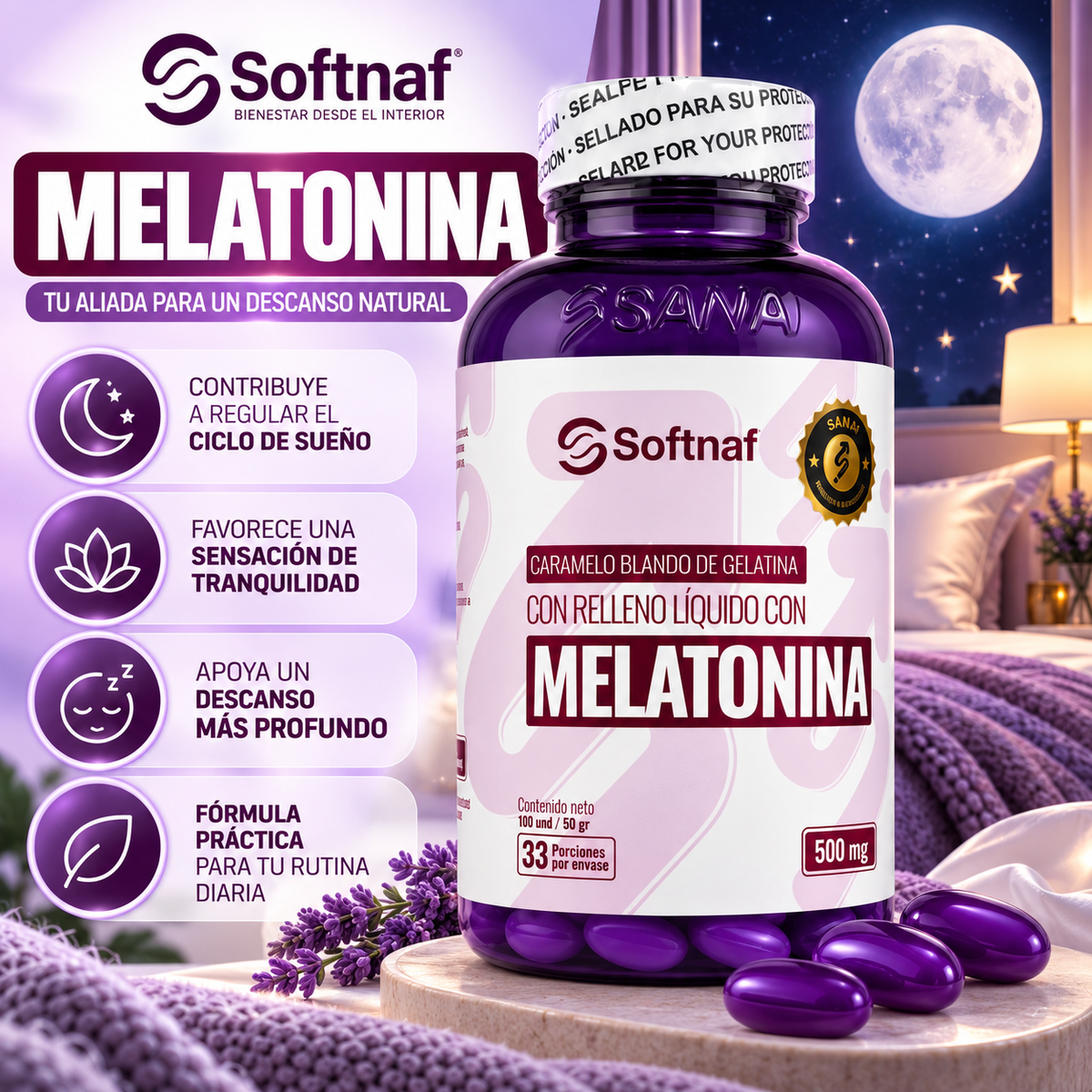 SANAF Softnaf Melatonina 500 mg – Suplemento para tu Rutina Nocturna, 33 Porciones