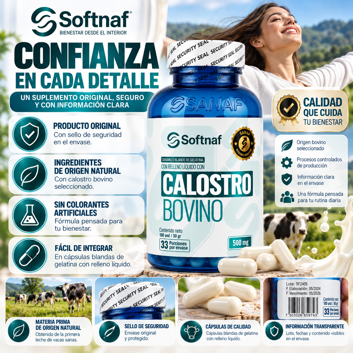 SANAF Softnaf Calostro Bovino 500 mg – Suplemento de Origen Bovino, 33 Porciones