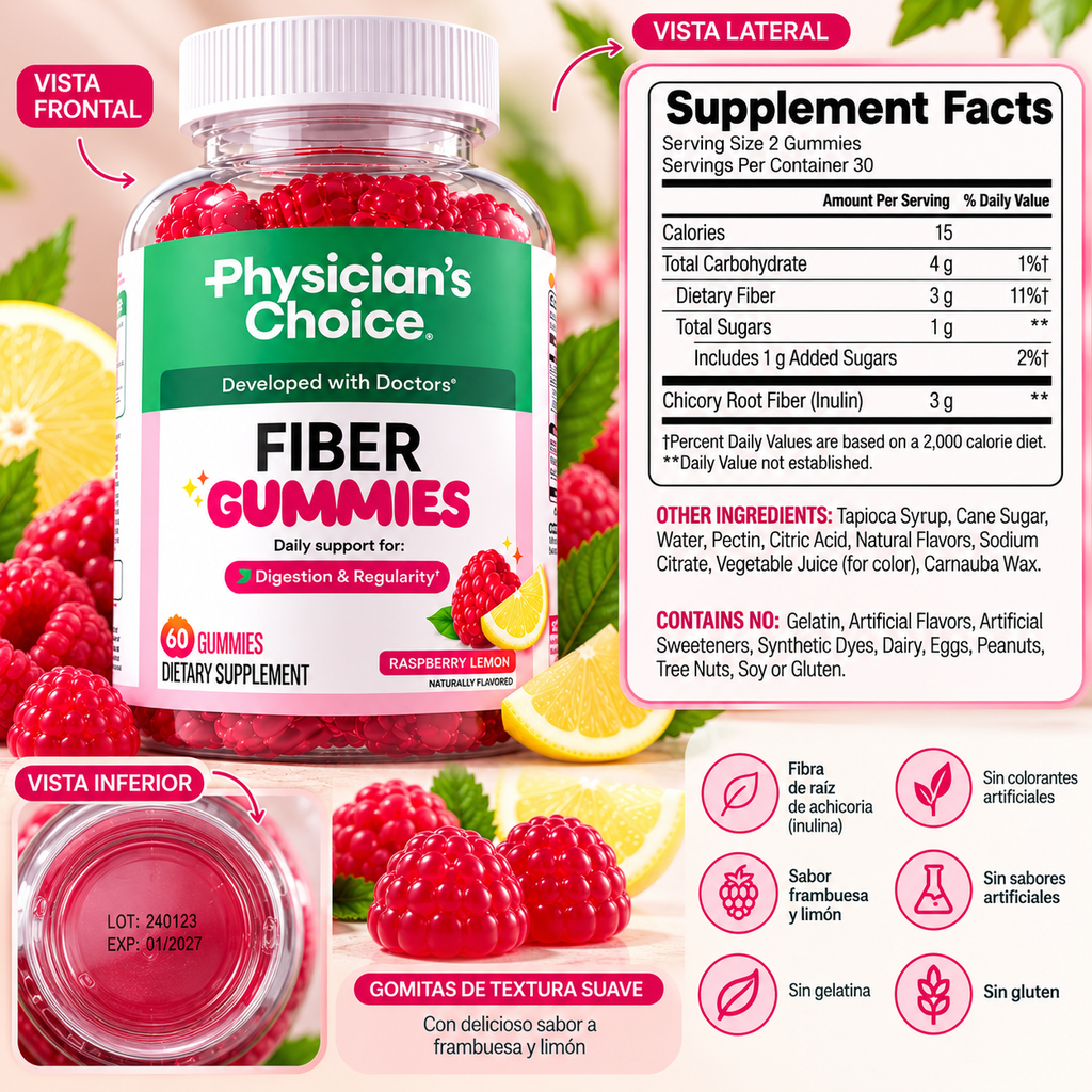 Physician’s Choice Fiber Gummies – Gomitas de Fibra con Sabor a Frambuesa y Limón, 60 Unidades
