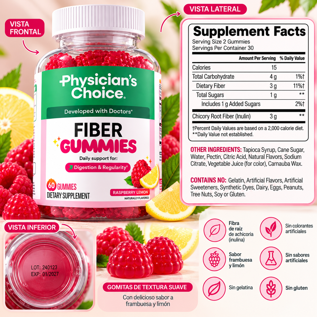 Physician’s Choice Fiber Gummies – Gomitas de Fibra con Sabor a Frambuesa y Limón, 60 Unidades