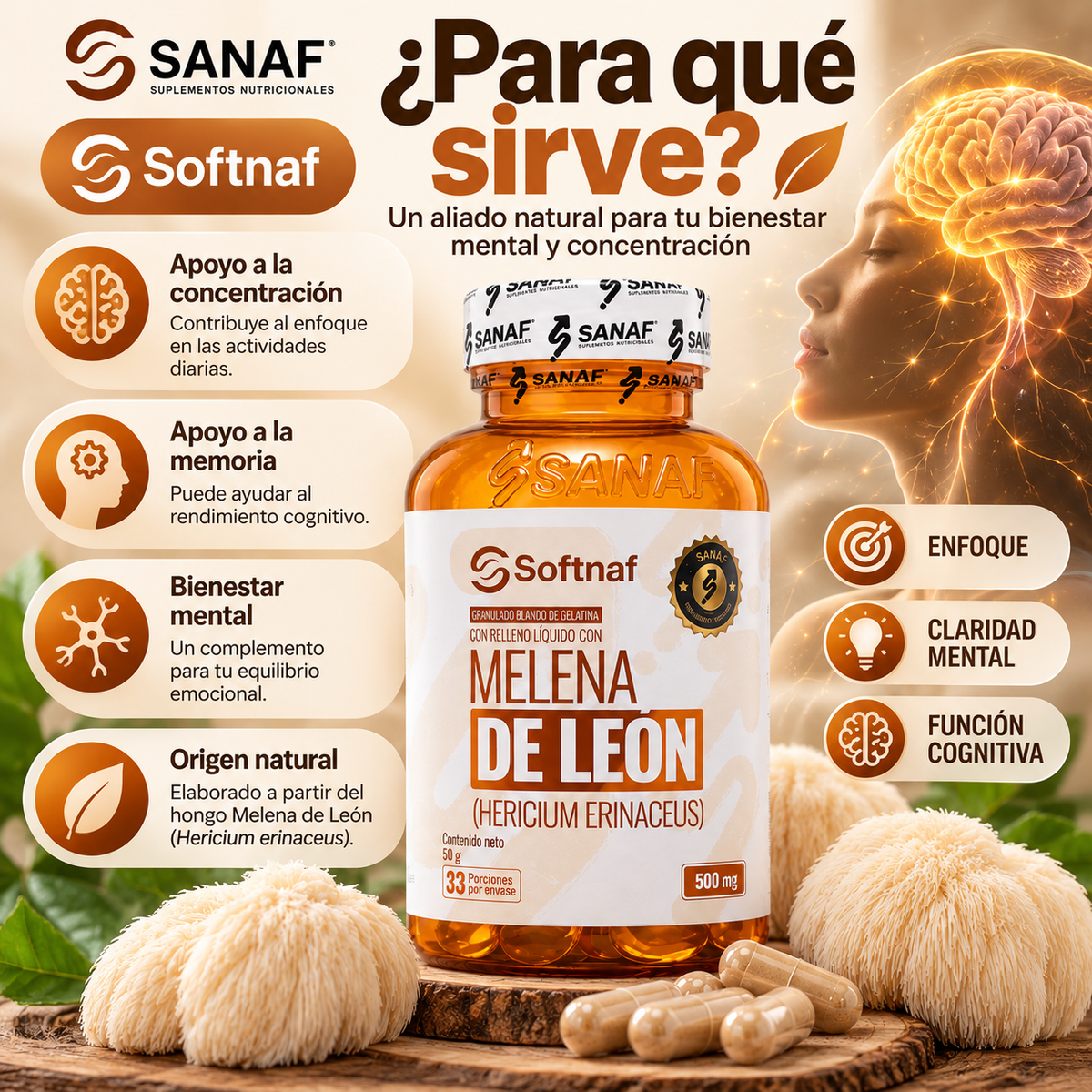 SANAF Softnaf Melena de León 500 mg – Suplemento de Hericium erinaceus, 33 Porciones