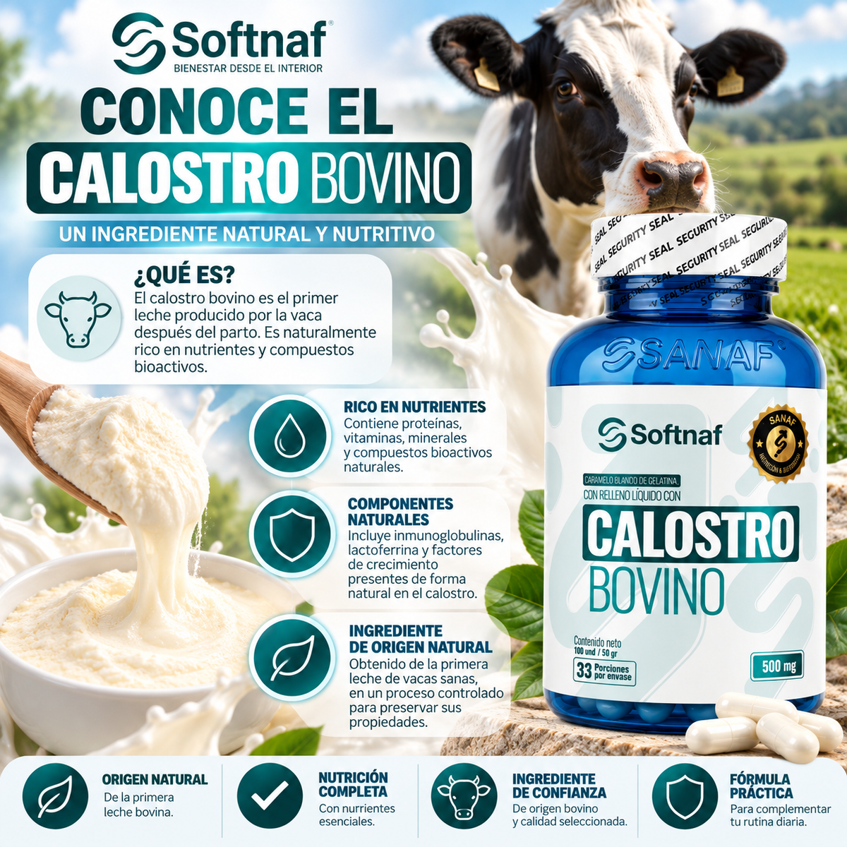 SANAF Softnaf Calostro Bovino 500 mg – Suplemento de Origen Bovino, 33 Porciones