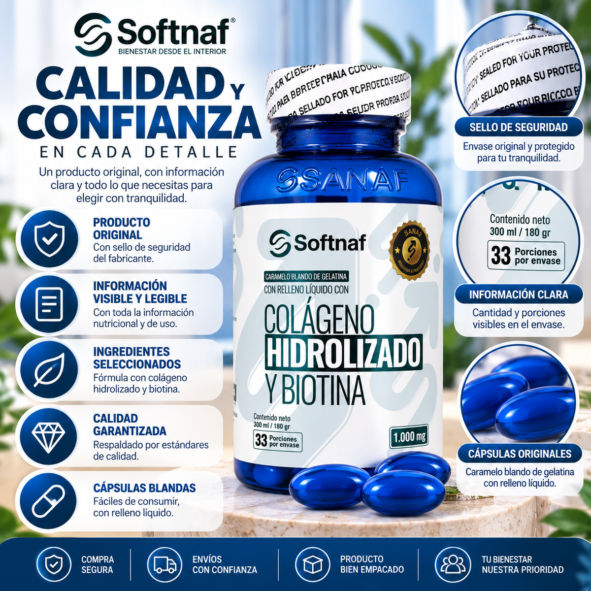 SANAF Softnaf Colágeno Hidrolizado + Biotina 1.000 mg – Fórmula para tu Rutina de Belleza