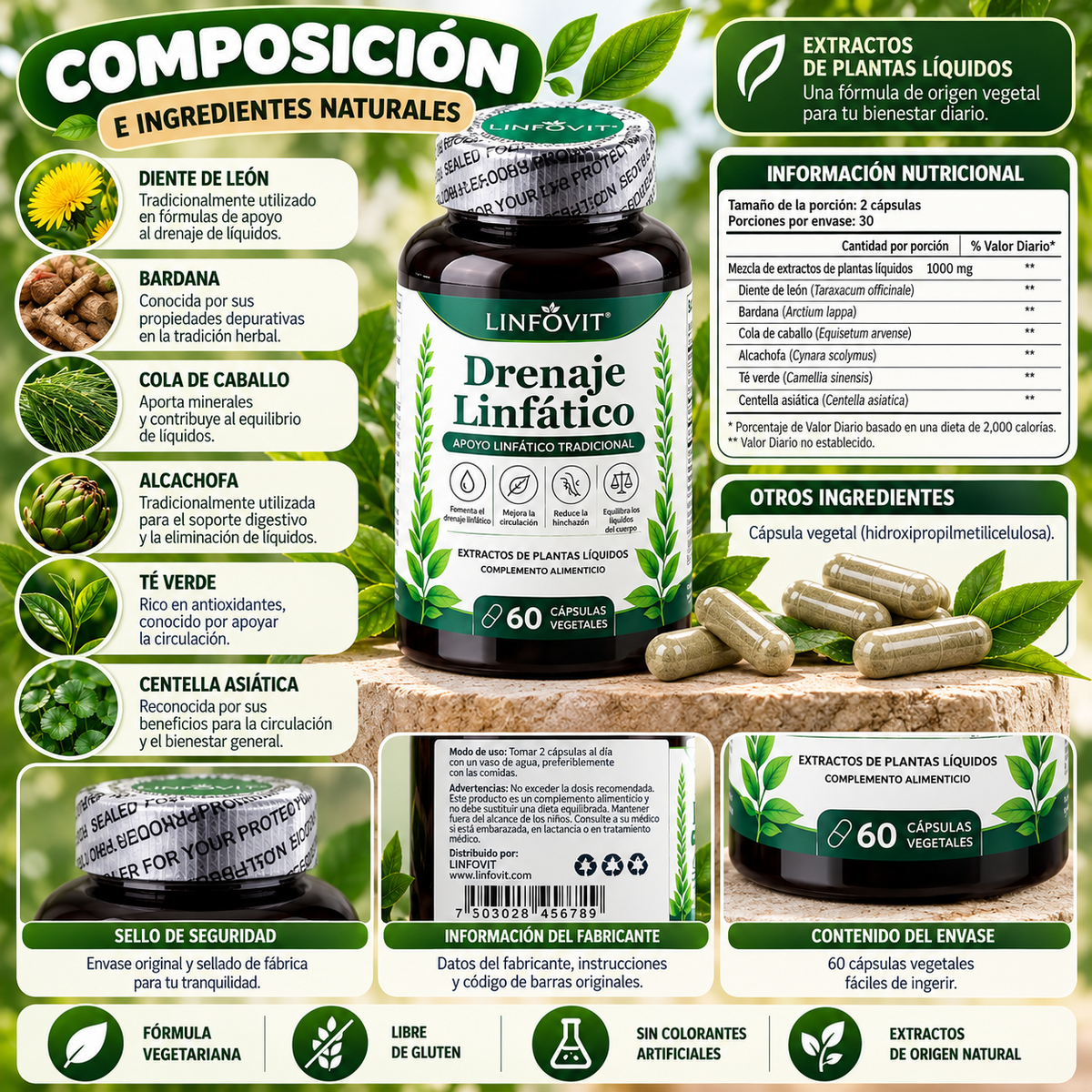 Linfovit Drenaje Linfático – 60 Cápsulas Vegetales con Extractos de Plantas