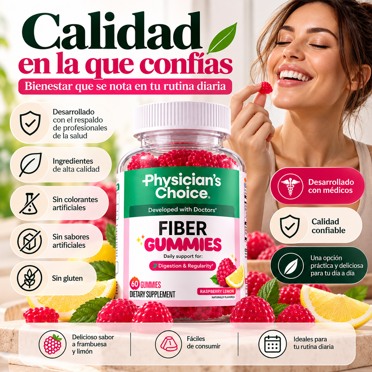 Physician’s Choice Fiber Gummies – Gomitas de Fibra con Sabor a Frambuesa y Limón, 60 Unidades
