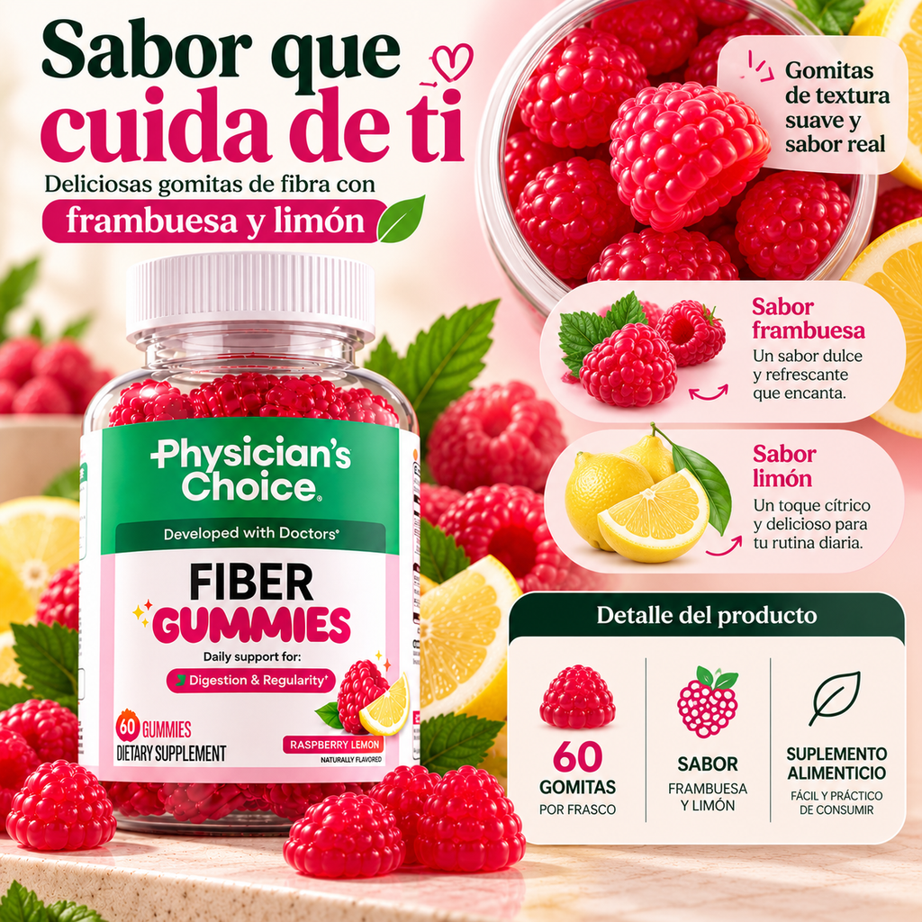 Physician’s Choice Fiber Gummies – Gomitas de Fibra con Sabor a Frambuesa y Limón, 60 Unidades