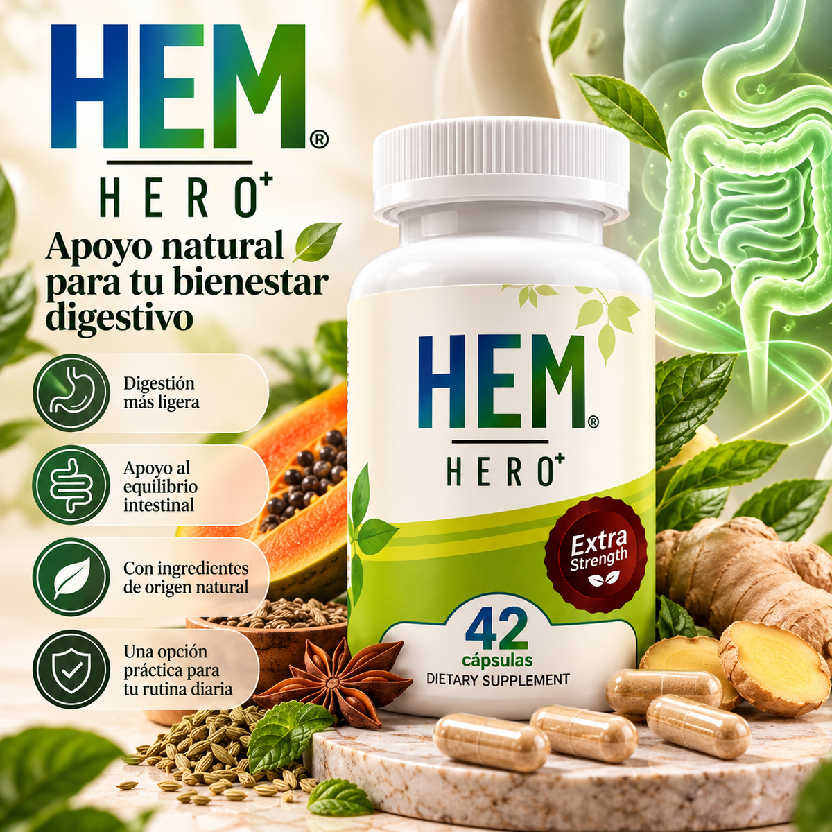 HEM HERO+ Extra Strength – Suplemento de Apoyo Digestivo con 42 Cápsulas