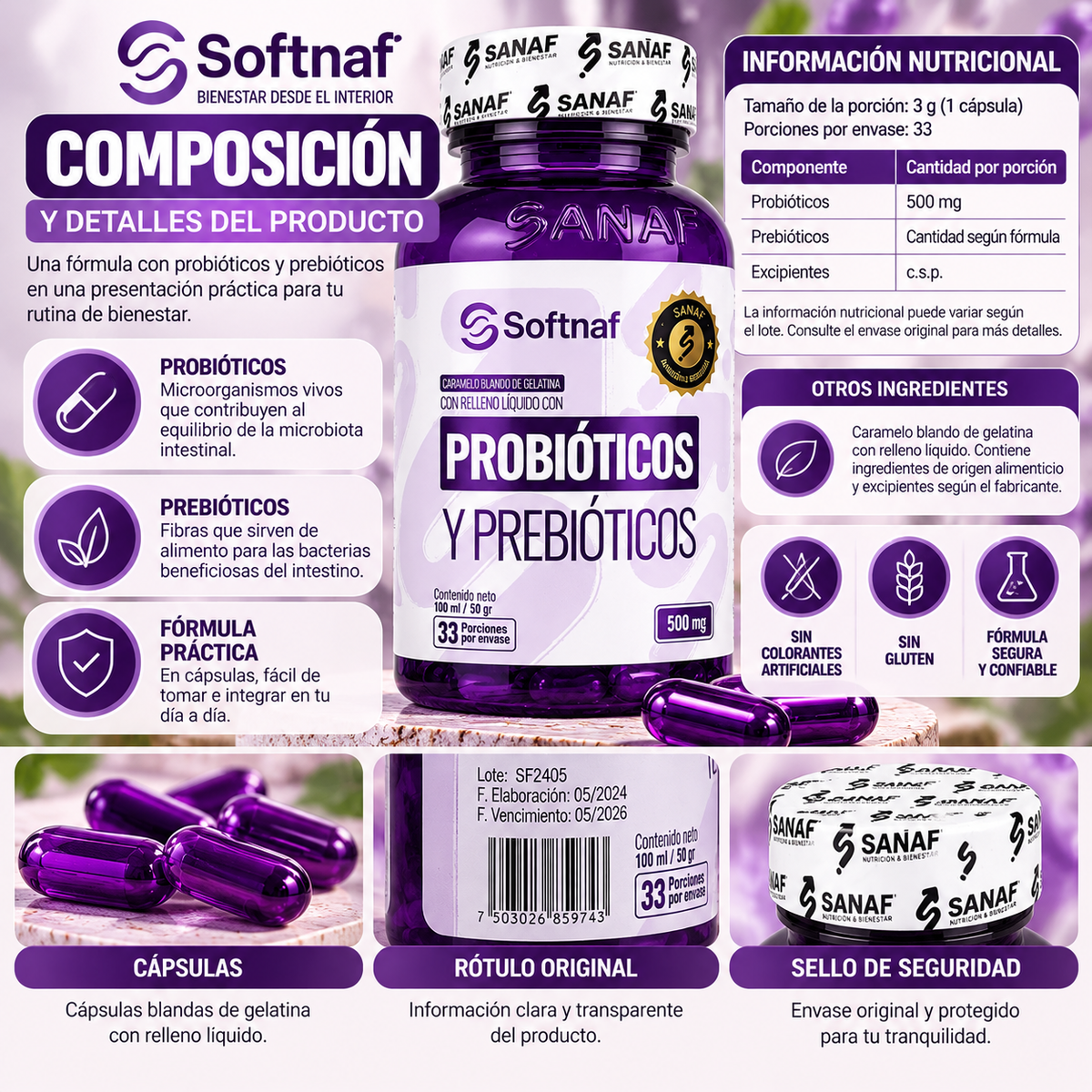 SANAF Softnaf Probióticos y Prebióticos 500 mg – Suplemento Digestivo, 33 Porciones