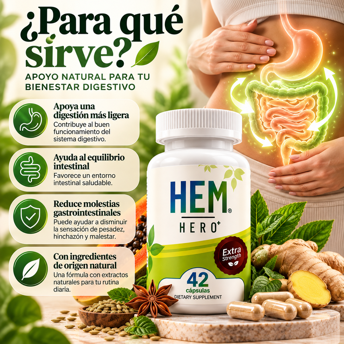 HEM HERO+ Extra Strength – Suplemento de Apoyo Digestivo con 42 Cápsulas