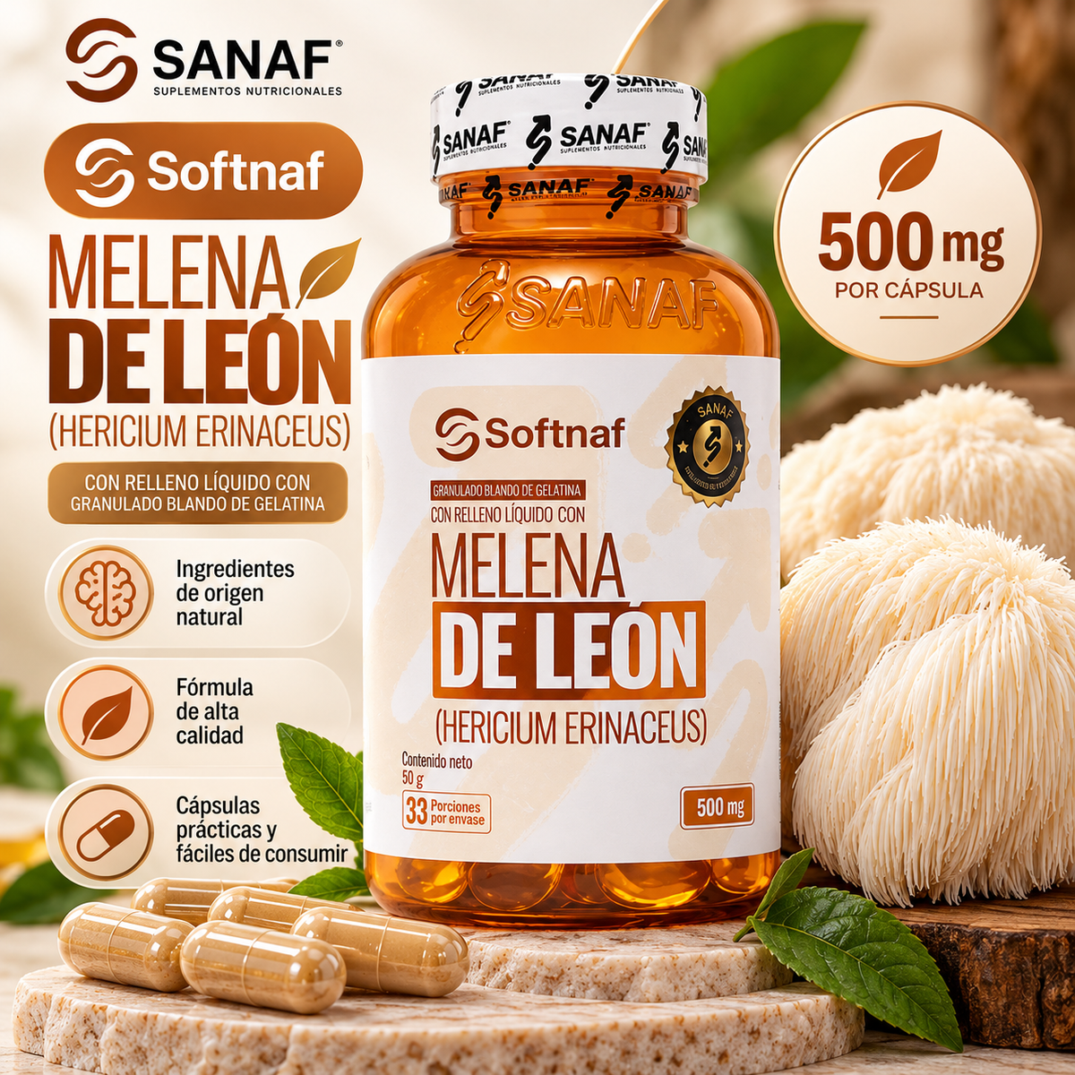 SANAF Softnaf Melena de León 500 mg – Suplemento de Hericium erinaceus, 33 Porciones