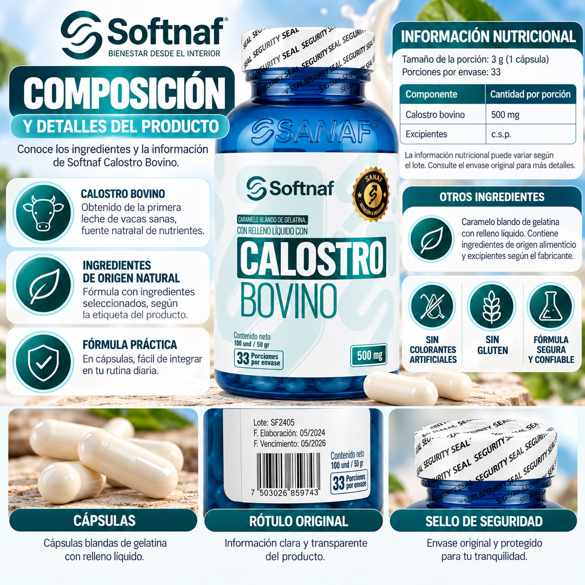 SANAF Softnaf Calostro Bovino 500 mg – Suplemento de Origen Bovino, 33 Porciones