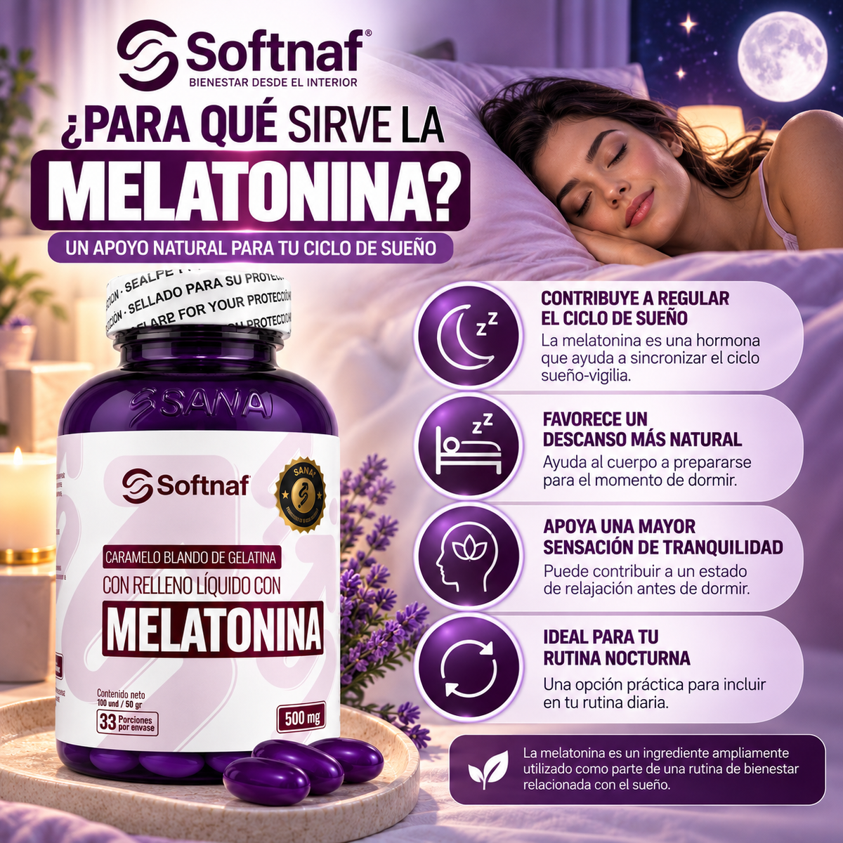 SANAF Softnaf Melatonina 500 mg – Suplemento para tu Rutina Nocturna, 33 Porciones