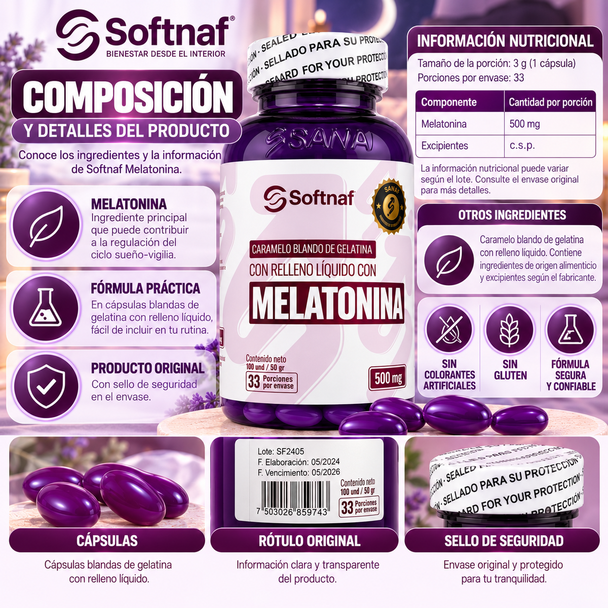 SANAF Softnaf Melatonina 500 mg – Suplemento para tu Rutina Nocturna, 33 Porciones