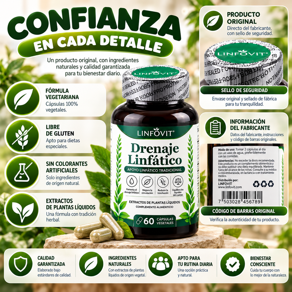 Linfovit Drenaje Linfático – 60 Cápsulas Vegetales con Extractos de Plantas