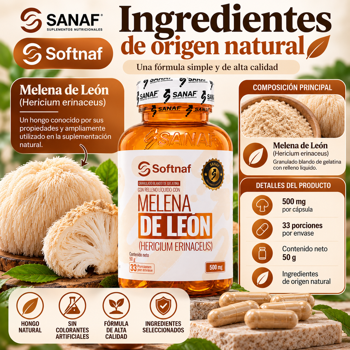 SANAF Softnaf Melena de León 500 mg – Suplemento de Hericium erinaceus, 33 Porciones