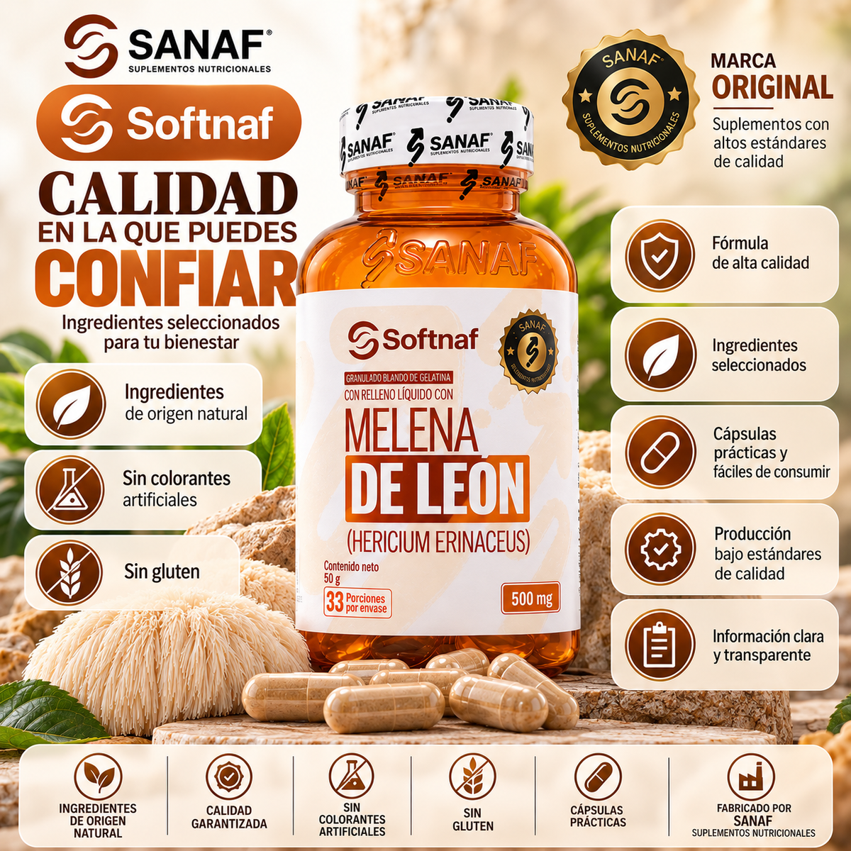 SANAF Softnaf Melena de León 500 mg – Suplemento de Hericium erinaceus, 33 Porciones