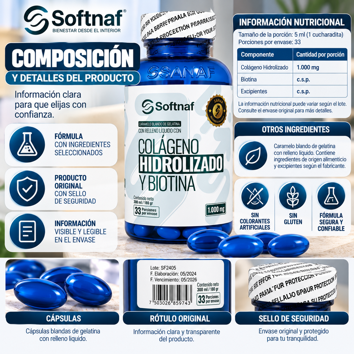 SANAF Softnaf Colágeno Hidrolizado + Biotina 1.000 mg – Fórmula para tu Rutina de Belleza