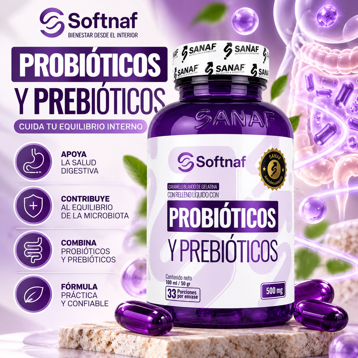 SANAF Softnaf Probióticos y Prebióticos 500 mg – Suplemento Digestivo, 33 Porciones