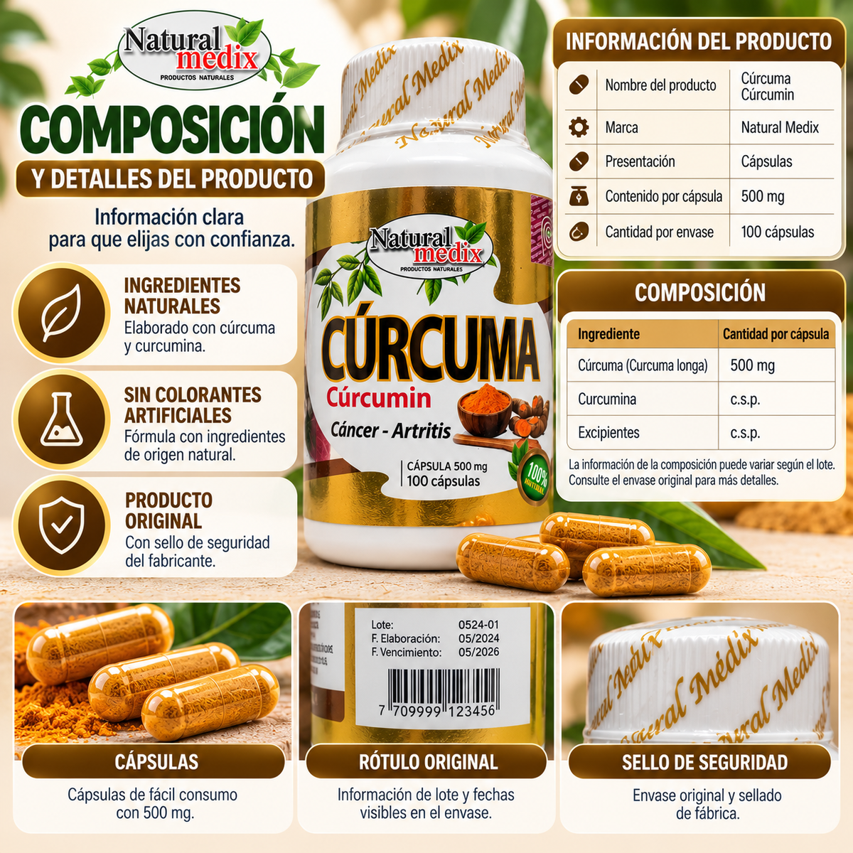 Natural Medix Cúrcuma + Cúrcumina 500 mg – 100 Cápsulas