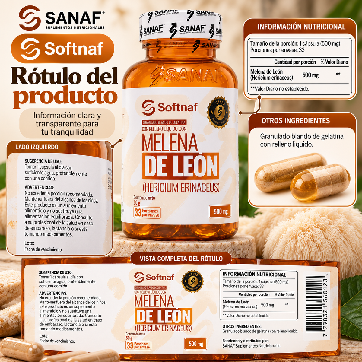 SANAF Softnaf Melena de León 500 mg – Suplemento de Hericium erinaceus, 33 Porciones