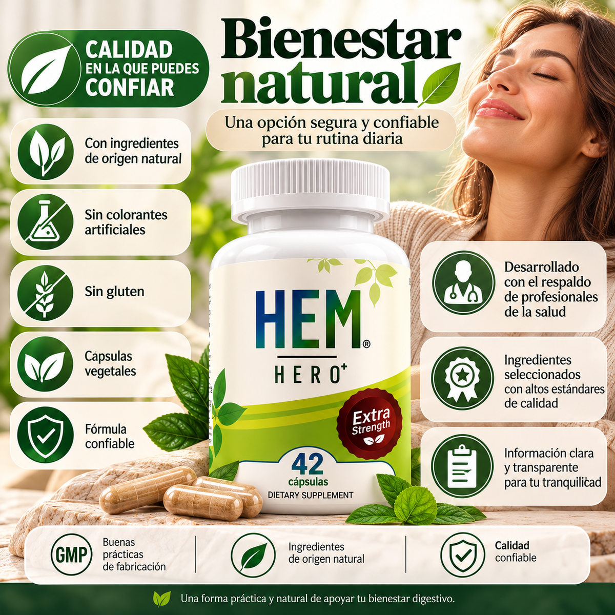 HEM HERO+ Extra Strength – Suplemento de Apoyo Digestivo con 42 Cápsulas