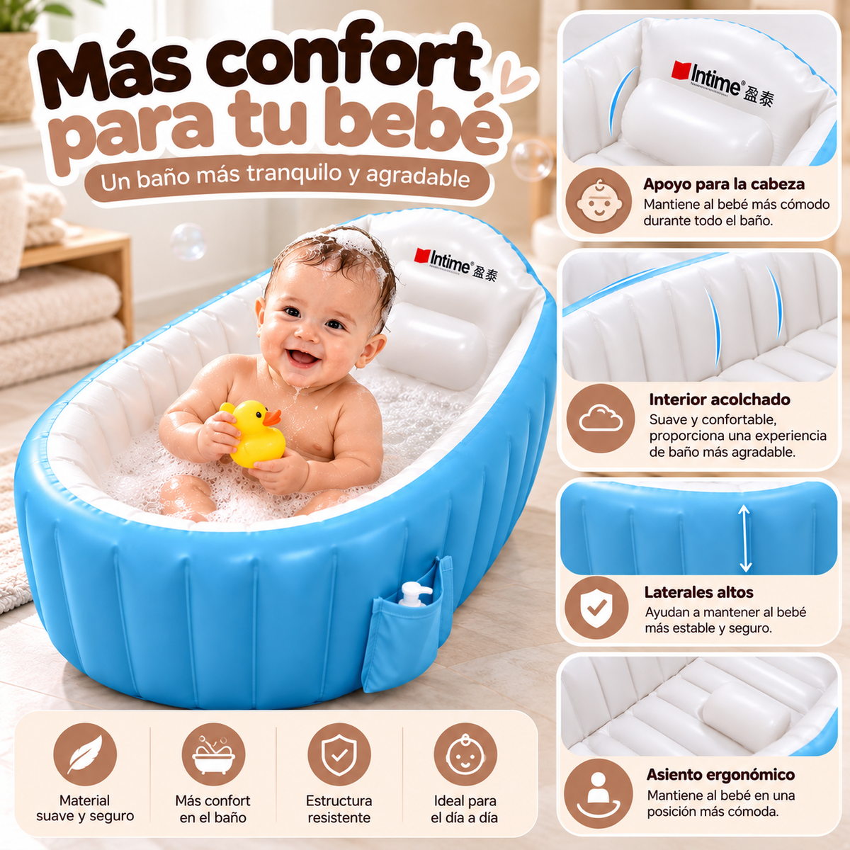Bañera Inflable para Bebé con Diseño Acolchado y Soporte de Confort