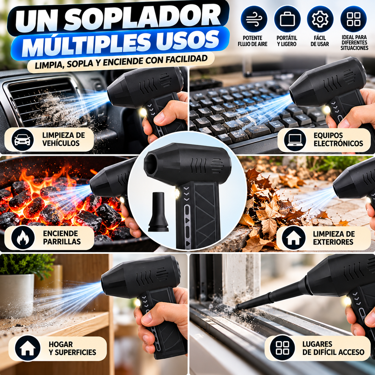 Soplador Eléctrico Portátil Multifunción – Potente Flujo de Aire