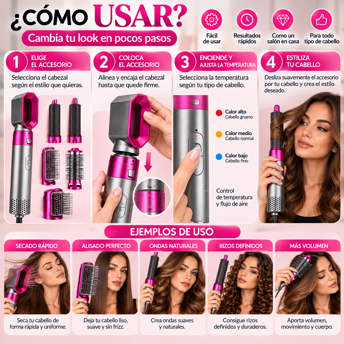 Moldeador de Cabello 7 en 1 – Secador, Alisador, Rizador y Cepillo Voluminizador