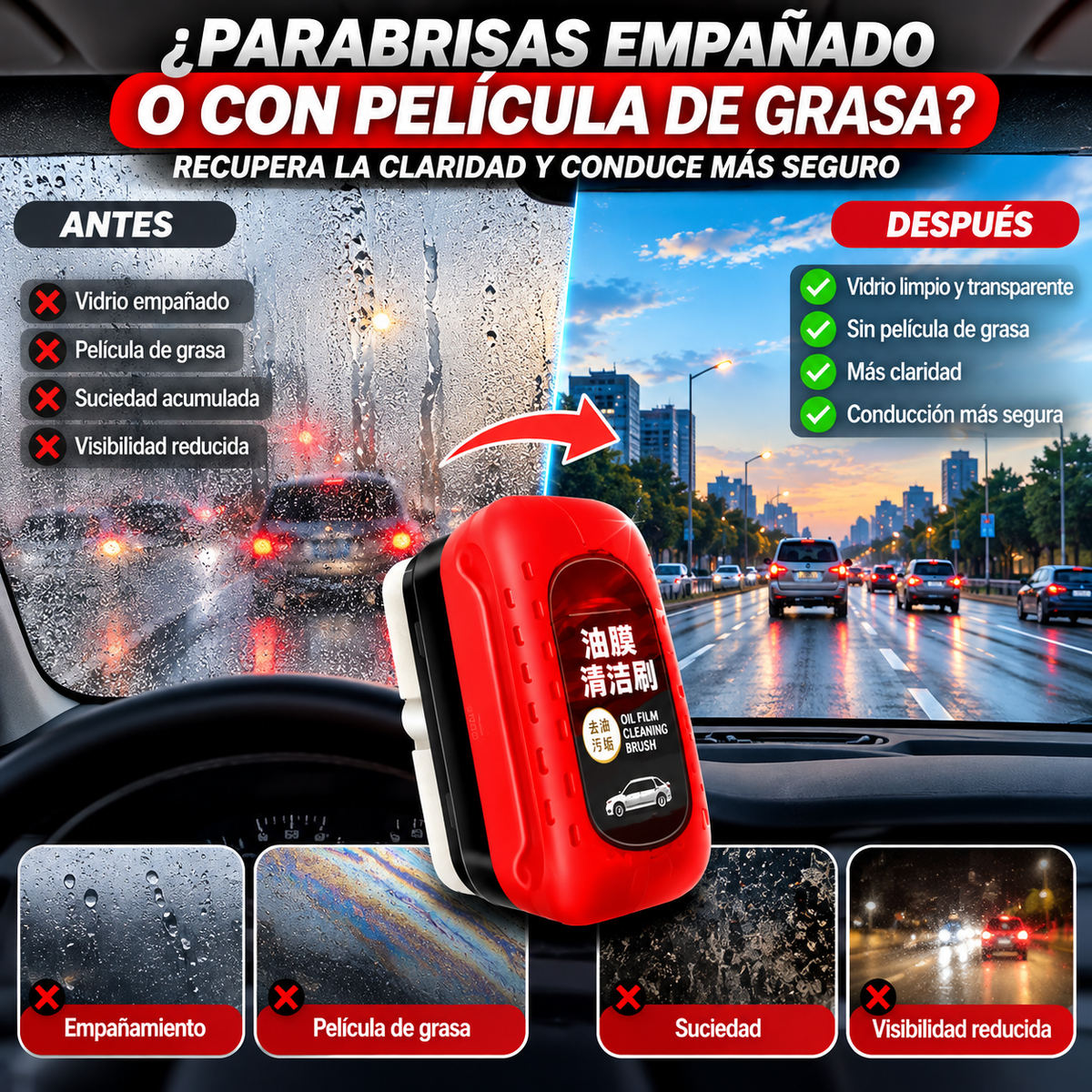 Limpiador Antiempañante para Parabrisas – Eliminador de Película de Grasa y Suciedad