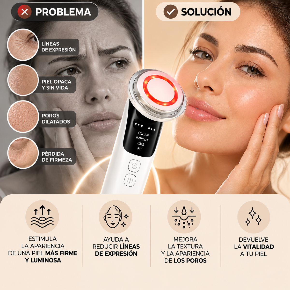 Rejuvenecedor Facial 4 en 1 con Luz LED Roja – Piel Más Radiante, Firme y Luminosa desde Casa