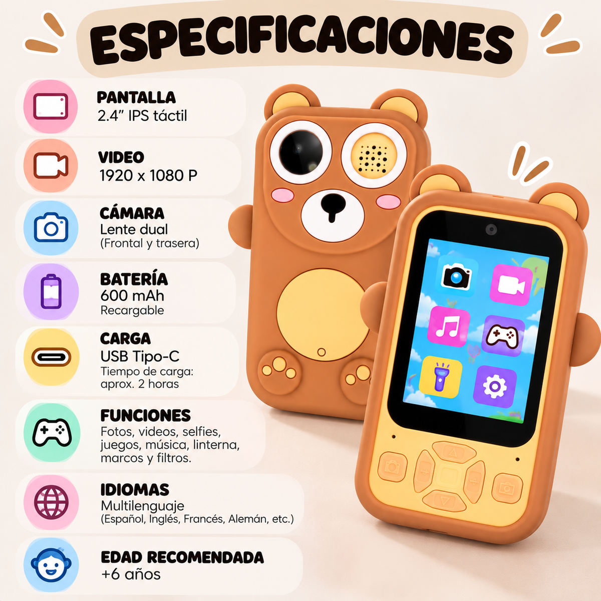 Cámara Infantil SmartBear 2.4” — Cámara, Juegos y Música