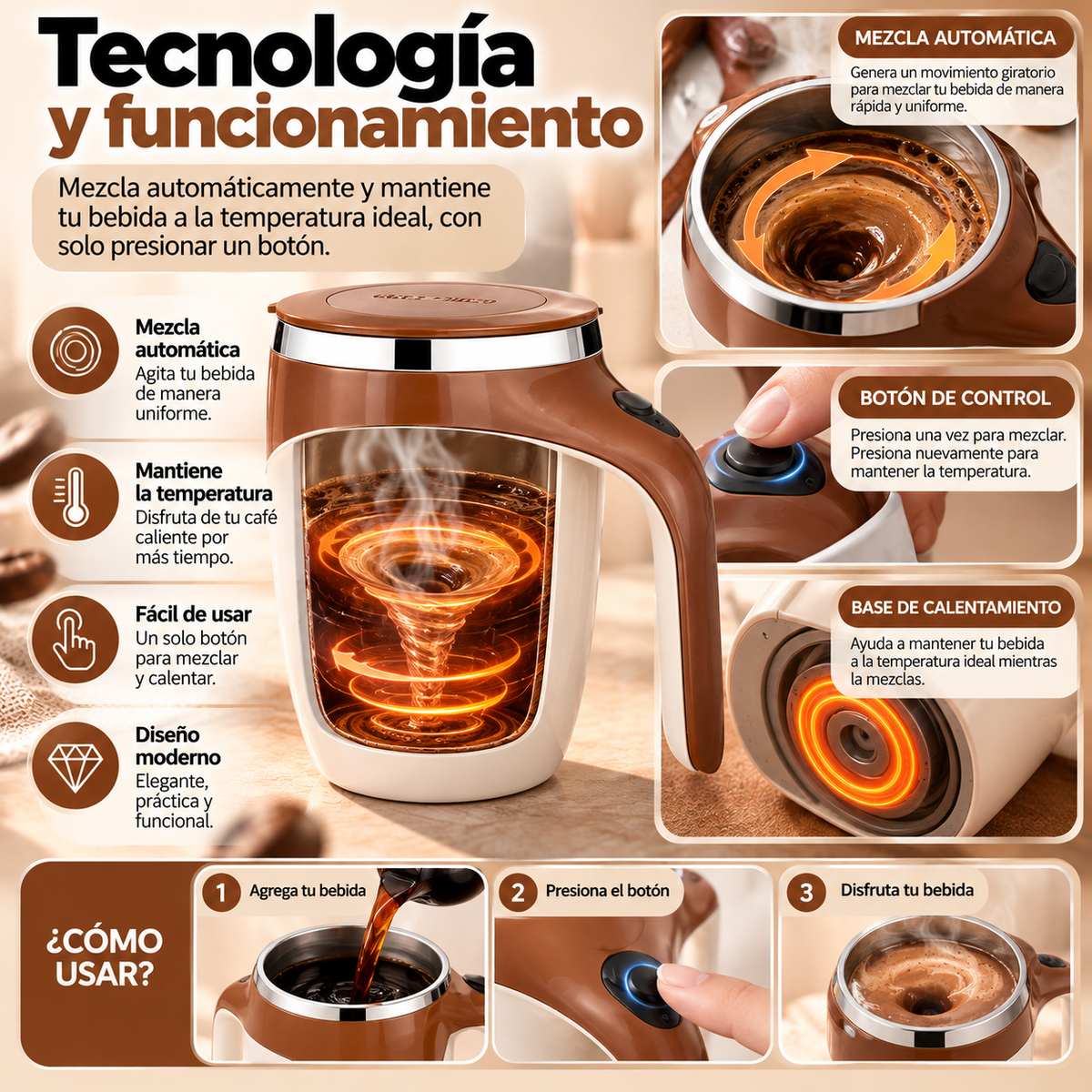 Taza Eléctrica Inteligente Premium con Mezclado Automático y Control de Temperatura