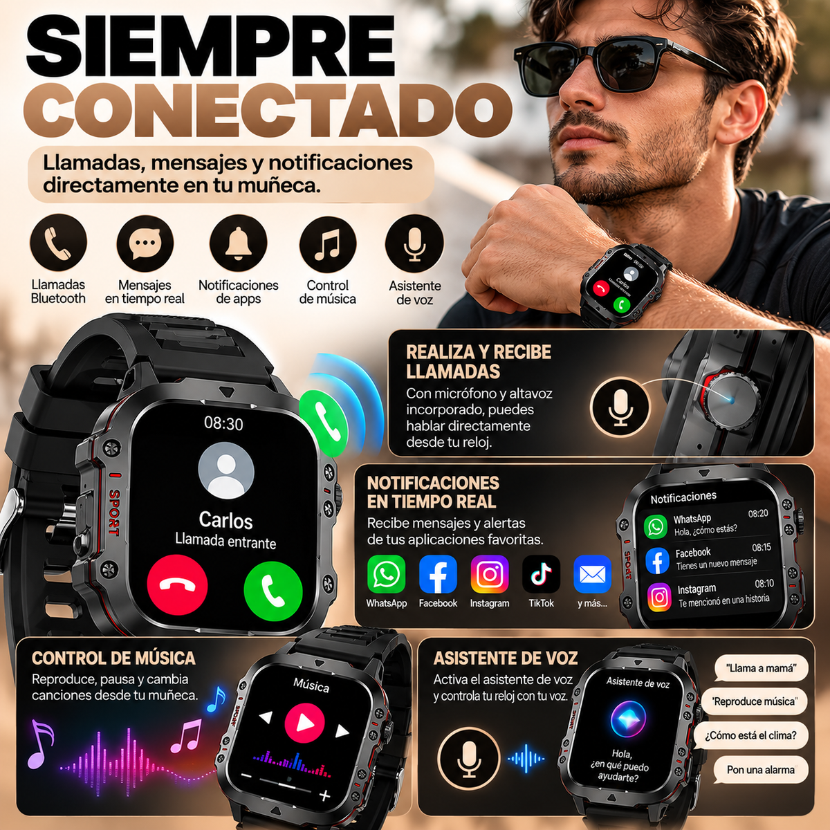 Smartwatch SPORT 1.96" HD – Bluetooth, Salud, Deportes, Música y Juegos