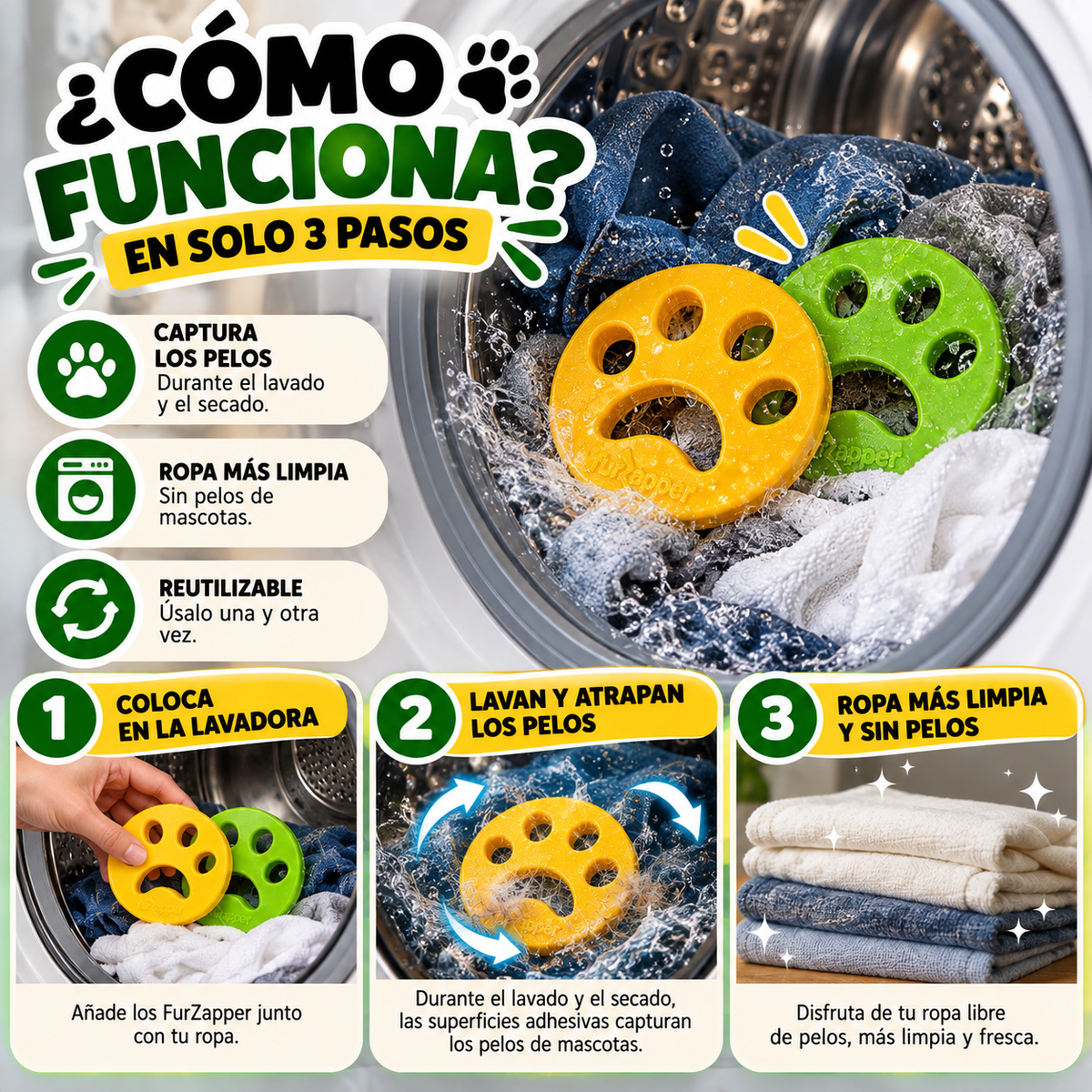 Removedor de Pelos para Mascotas FurZapper – Reutilizable para Lavadora y Secadora