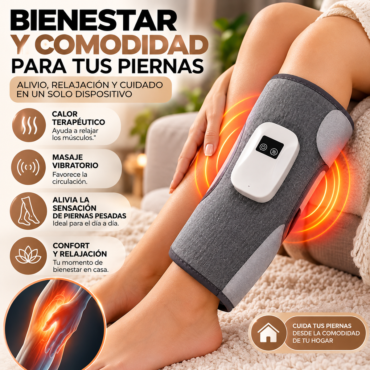 Faja Térmica para Piernas 2 en 1 – Calor Terapéutico y Masaje Vibratorio para Relajación y Bienestar en Casa