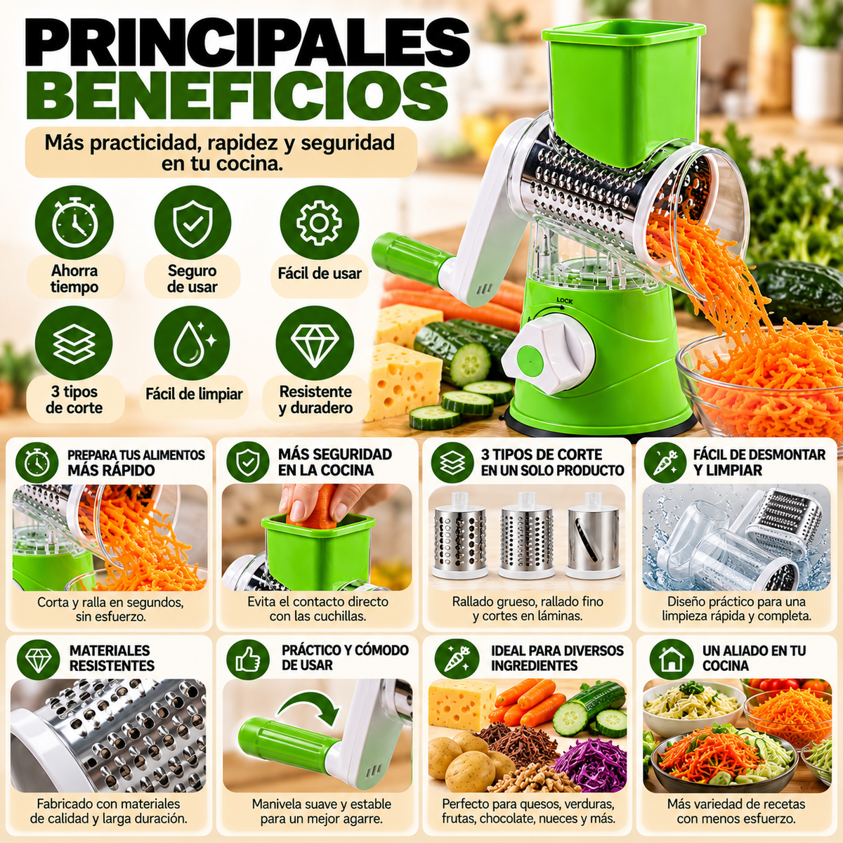 Rallador Pro™ 3 en 1 – Rallador y Cortador Multifuncional de Cocina