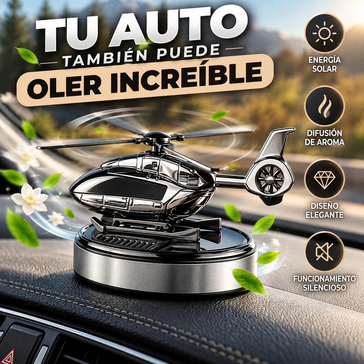 Ambientador Solar para Auto en Forma de Helicóptero – Difusor de Aroma con Hélice Giratoria