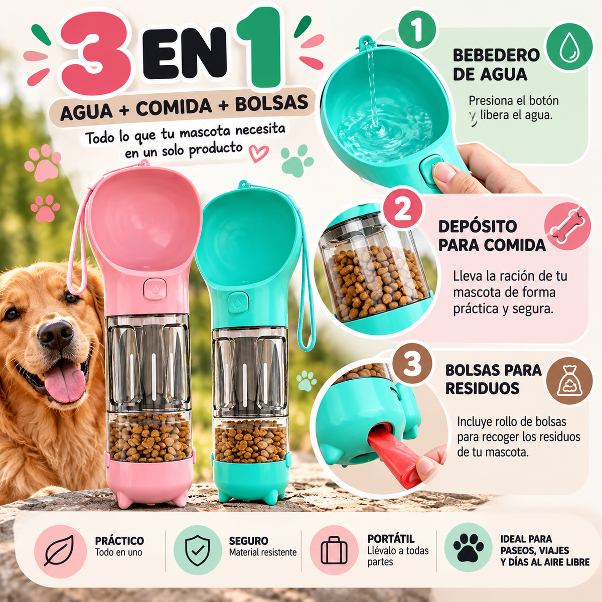 Botella Portátil 3 en 1 para Mascotas – Bebedero, Depósito de Comida y Bolsas para Residuos